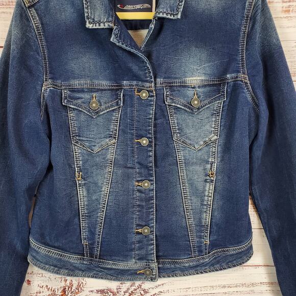 Silver jeans Co. Y2K Jean Jacket Blue Fade Button Pockets Denim Coat Size Large - Picture 5 of 11